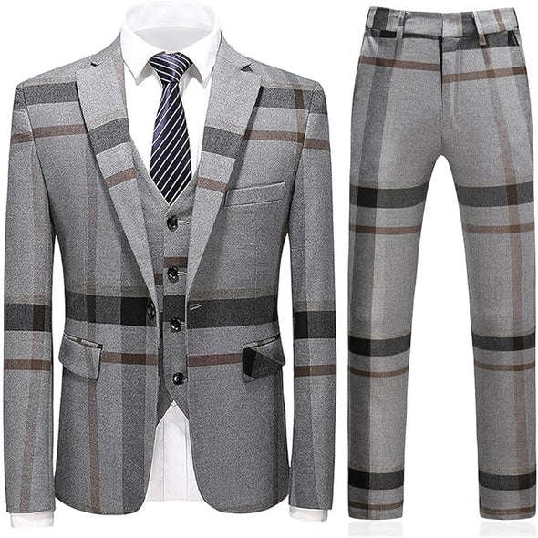 Mens Suits 3 Piece Check Plaid Suit Single Breasted One Button suits