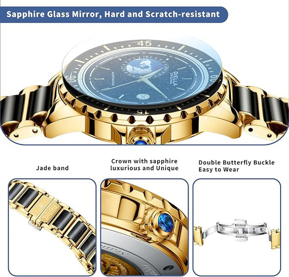 Diella Automatic Watches for Men, Luxury Black Jade Men's Dress Wrist Watch, Self Winding Mechanical Gold Stainless Steel Case Watch with Date, Luminous Starry Sky Globe