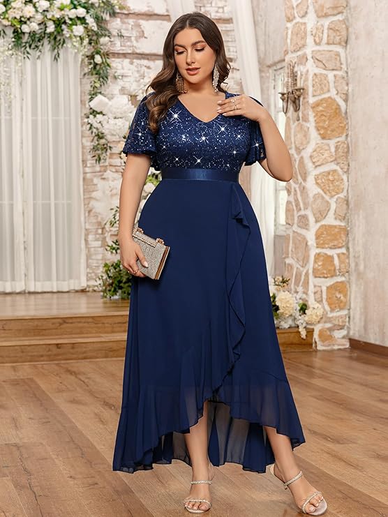 Women's Plus Size V Neck Sequin Lace Butterfly Sleeves Formal Evening Party Long Dress