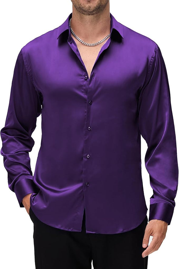 Mens Luxury Satin Dress Shirt Long Sleeve Silk Shiny Sateen Party Shirt