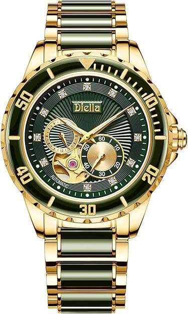 Diella Men's Automatic Mechanical Wrist Watches, Luxury Skeleton Watches for Men with Black Green Jade & Steel Strap