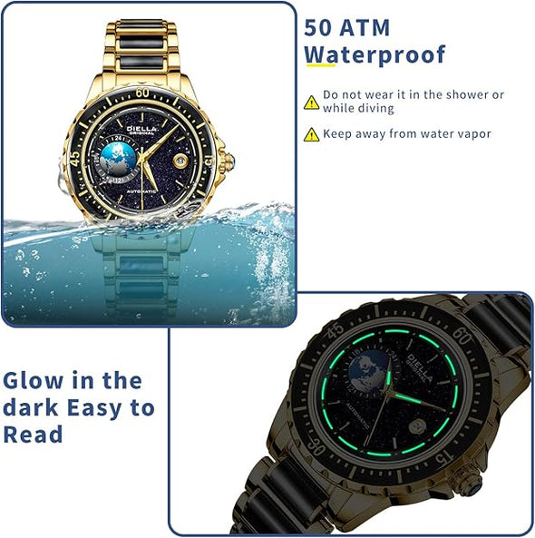 Diella Automatic Watches for Men, Luxury Black Jade Men's Dress Wrist Watch, Self Winding Mechanical Gold Stainless Steel Case Watch with Date, Luminous Starry Sky Globe