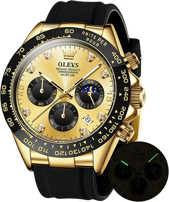 OLEVS Men's Watches Chronograph Multifunction Sport Silicone Luxury Diamond Moon Phase Quartz Male Watch Waterproof Wrist Watch …