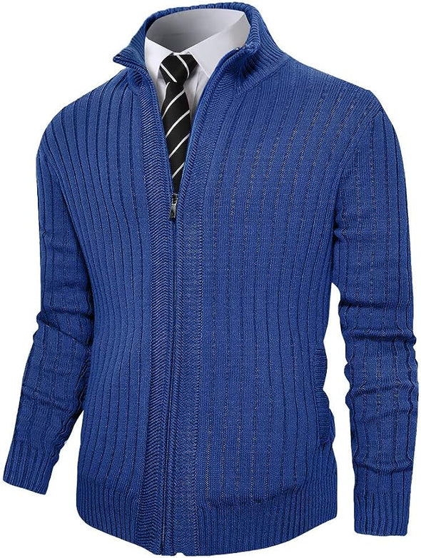 Men's Cardigan Sweaters Full Zip Up Stand Collar Slim Fit Casual Knitted Sweater with 2 Front Pockets