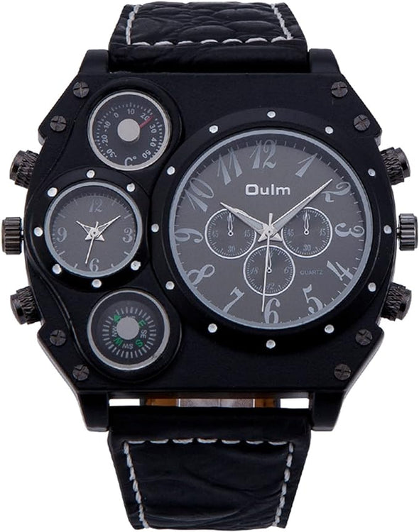 Men's Watch Oversize Steampunk Dual Time Zone Four Dial Big Face Watches Soft Leather Band Policy Army Compass Thermometer Decorative Dial Cool Wrist Watch