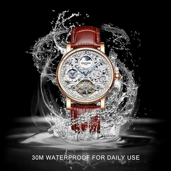 Mens Mechanical Watches, Luxury Automatic Skeleton Tourbillon Watch Waterproof Crystal Self-Winding Wrist Watch for Men