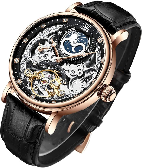 Mens Luxury Skeleton Automatic Mechanical Wrist Watches Leather Moon Phrase Luminous Hands Self-Wind Watch