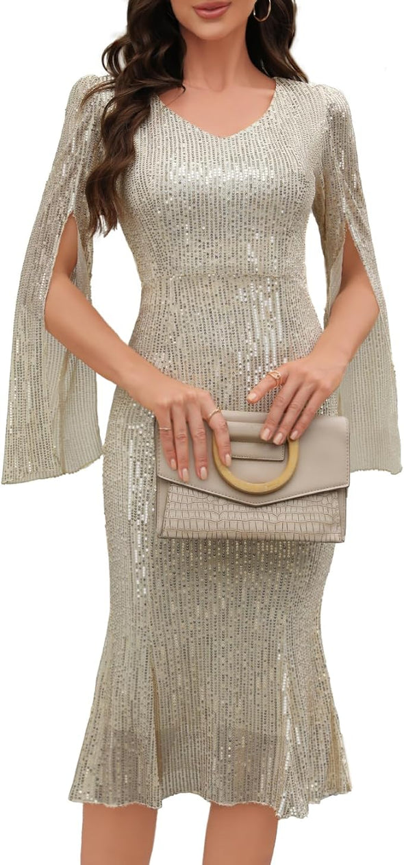 Women, Weddings as a Guest, Evening Party Formal Sequin Dress, Sequin Slim Midi Fishtail Dresses