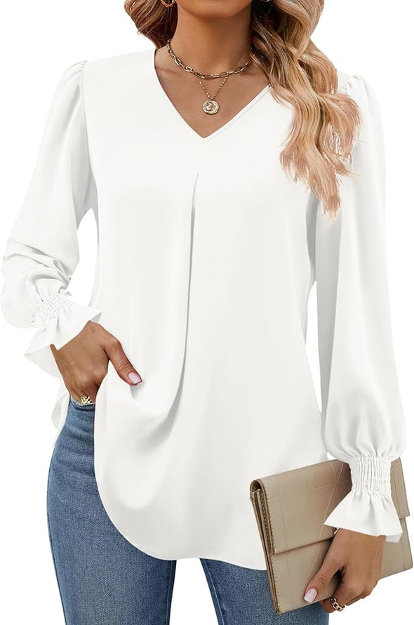 Women's 2024 Long Sleeve Tops Dressy Casual V Neck Tunic Shirts Loose Chiffon Work Blouse