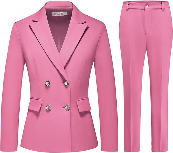 Women's 2 Piece Business Suit Double Breasted Blazer and Pants Work Suit Set