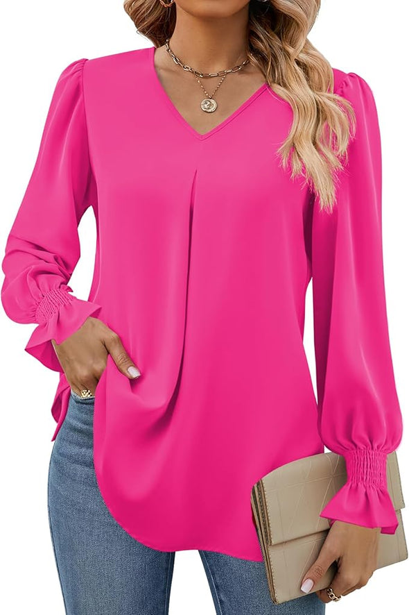 Women's 2024 Long Sleeve Tops Dressy Casual V Neck Tunic Shirts Loose Chiffon Work Blouse