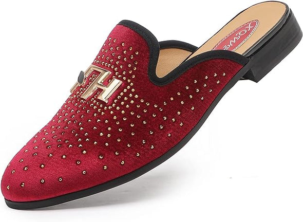 Men's Slip-on Mule Sandals Loafer with Gold Buckle,Fashion Leather Formal Wear Casual Backless Dress Slippers