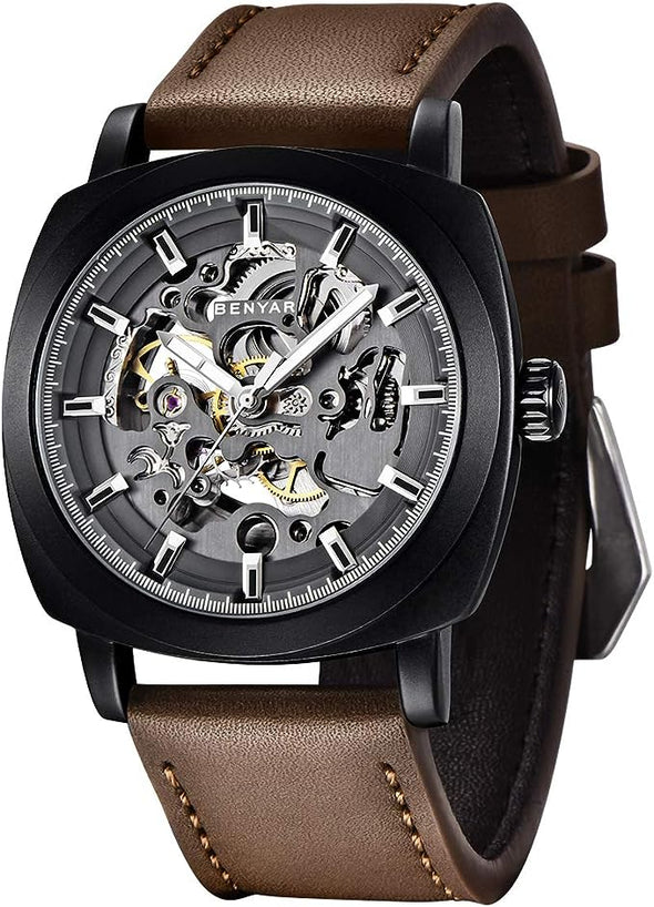 Automatic Watches for Men | Skeleton Mechanical Leather Strap Mens Watch | 45mm Dial | 30M Waterproof | Men's Stylish Gift