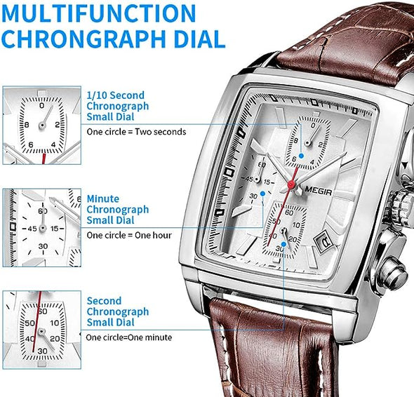 Men's Business Analog Chronograph Luminous Rectangle Quartz Watch with Stylish Leather Strap for Sport & Work