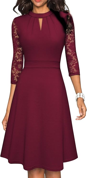 Women's Round Neck Hollow Out Lace Patchwork Retro Party Dresses