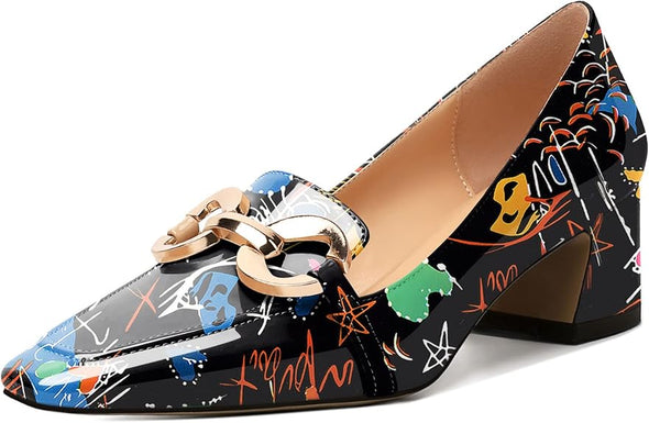 Womens Square Toe Block Heels Mid Chunky Heel Loafer Pumps Slip On Chain Dress Comfortable Prom Shoe