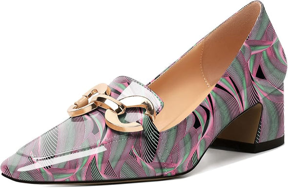 Womens Square Toe Block Heels Mid Chunky Heel Loafer Pumps Slip On Chain Dress Comfortable Prom Shoe