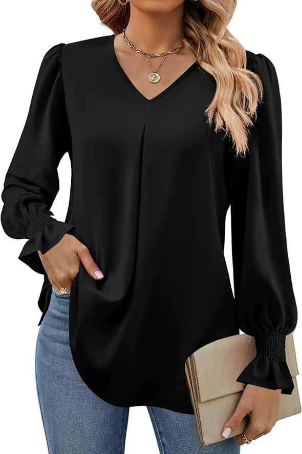 Women's 2024 Long Sleeve Tops Dressy Casual V Neck Tunic Shirts Loose Chiffon Work Blouse