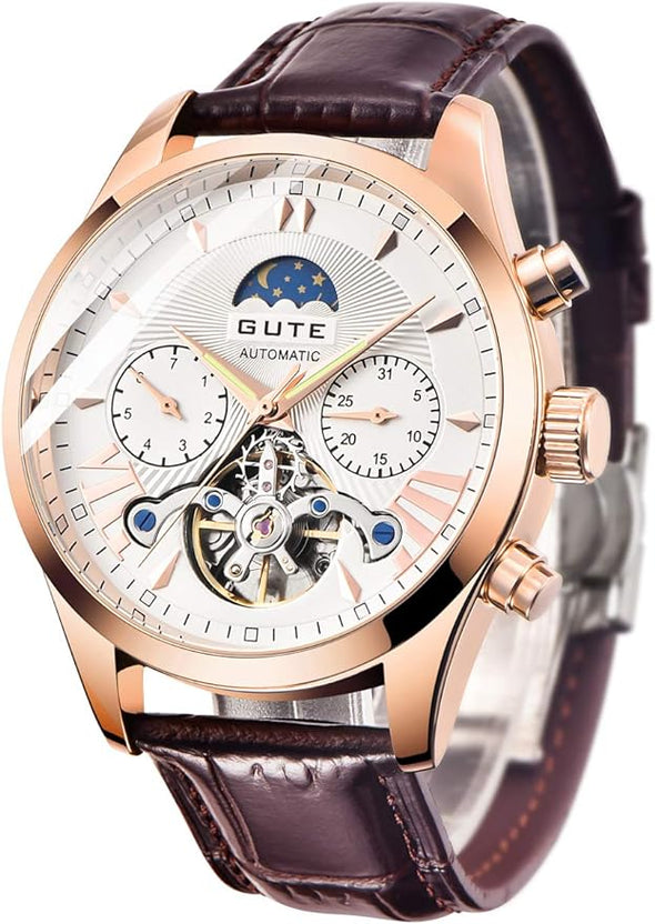 Men's Leather Watch Luxury Automatic Mechanical Moon Phrase Skeleton Luminous Waterproof Hands Automatic Self-Wind Leather/Stainless Steel Wrist Watch