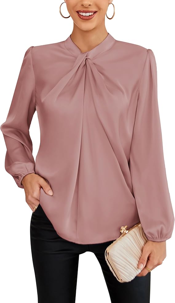 Women's Long Lantern Sleeve Shirts Mock Neck Solid Casual Blouse Tops