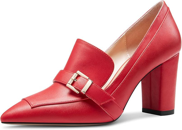 Womens Chunky Block Mid Heel Pointed Toe Pumps Slip-on Buckle Office Basic Classic Summer 3.2 Inches Shoes