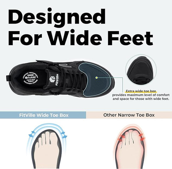 FitVille Men's Walking Shoes Wide Width Diabetic Shoes Hands Free Slip On Sneaker Hook and Loop Strap Running Shoes for Flat Feet Plantar Fasciitis-Rebound Core