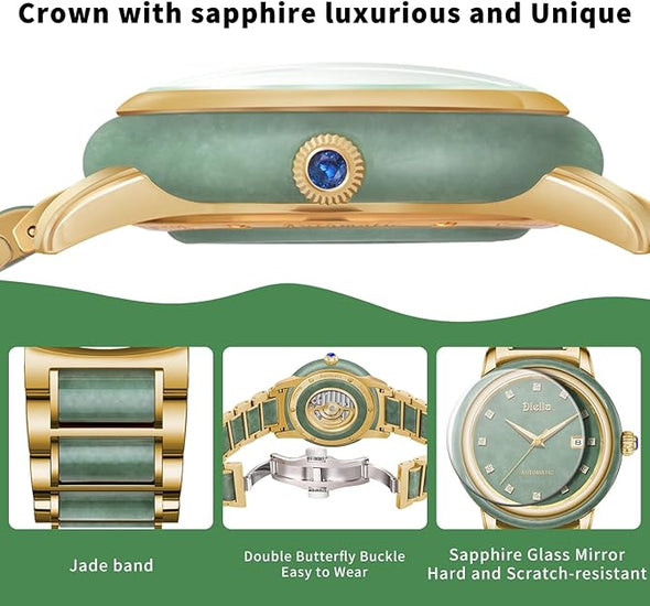 Diella Gold Men's Automatic Mechanical Watch, Luxury Retro Green Jade Wrist Watch for Men with Date Luminous, Round, Waterproof