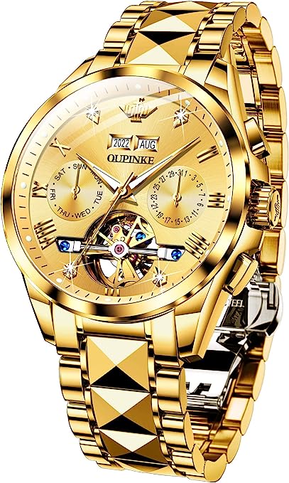 OUPINKE Mens Automatic Watches Diamond Skeleton Self Winding Luxury Dress Wrist Watch Sapphire Crystal Tungsten Steel Luminous Waterproof