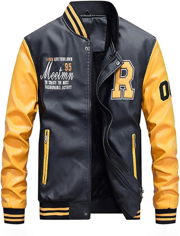 Men's Faux Leather Jacket Casual Baseball Stand Collar Slim Fit Coat