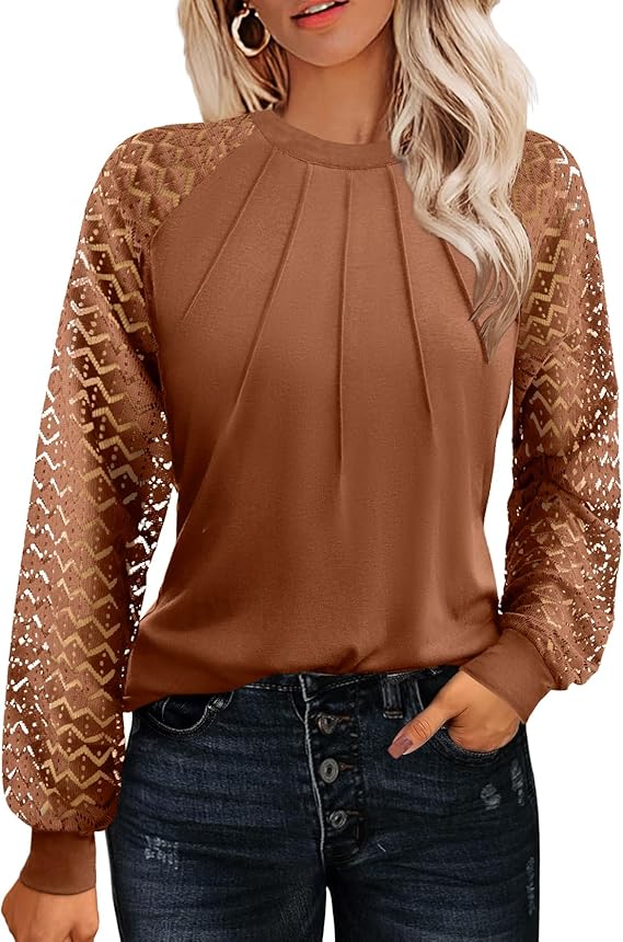 Women's Lace Long Sleeve Tops Dressy Business Casual Blouses Front Pleated Work Shirts Fall Tunics