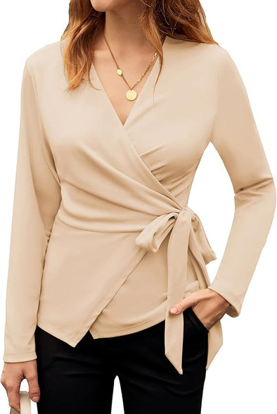 Women's Wrap V Neck Blouses Dressy Casual Long Sleeve Shirts