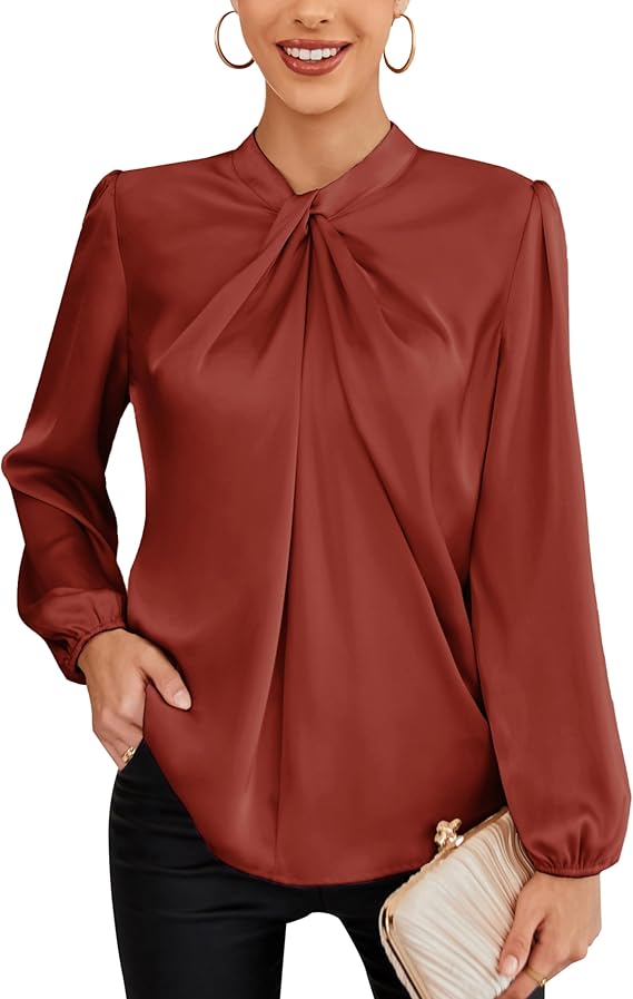 Women's Long Lantern Sleeve Shirts Mock Neck Solid Casual Blouse Tops