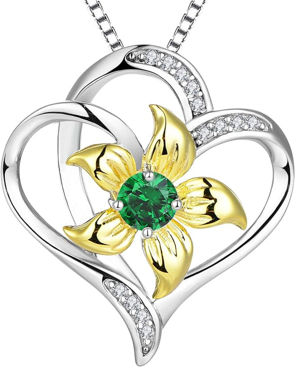 Women's Heart Necklace Sterling Silver Lily Flower Love Pendant Gemstones Jewelry