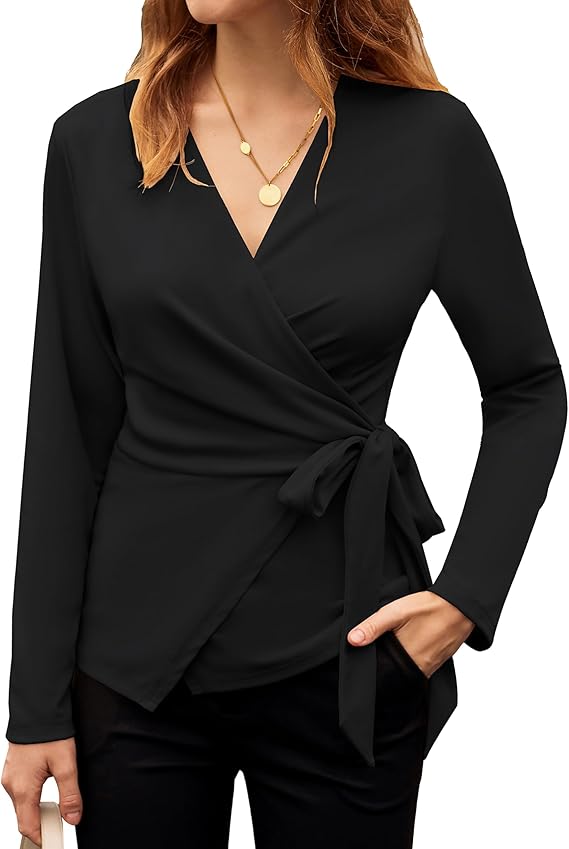 Women's Wrap V Neck Blouses Dressy Casual Long Sleeve Shirts