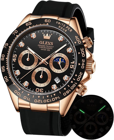 OLEVS Men's Watches Chronograph Multifunction Sport Silicone Luxury Diamond Moon Phase Quartz Male Watch Waterproof Wrist Watch …