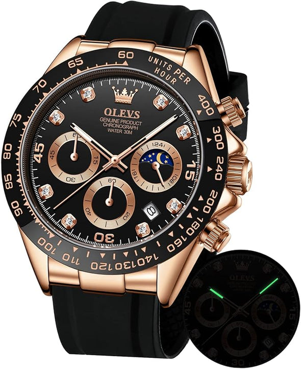 OLEVS Men's Watches Chronograph Multifunction Sport Silicone Luxury Diamond Moon Phase Quartz Male Watch Waterproof Wrist Watch …