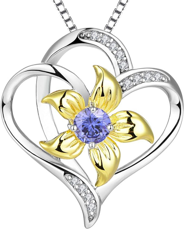 Women's Heart Necklace Sterling Silver Lily Flower Love Pendant Gemstones Jewelry