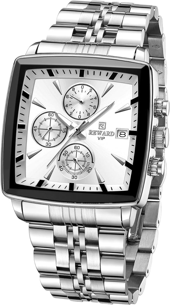 Man Watches Luxury Fashion Analog Quartz Watch for Men Classic Big Square Face Sport Chronograph Waterproof Luminous Date Stainless Steel Business Mens Wristwatch Black/Silver/Blue Dial