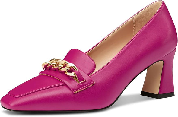 Women Mid Chunky Block Loafers Close Square Toe Slip-on Pumps with Metal Chain Work Casual Pumps 2.8 Inches Heels