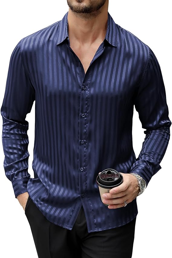 Men's Satin Dress Shirts Casual Luxury Shiny Silk Long Sleeve Striped Button Down Shirt