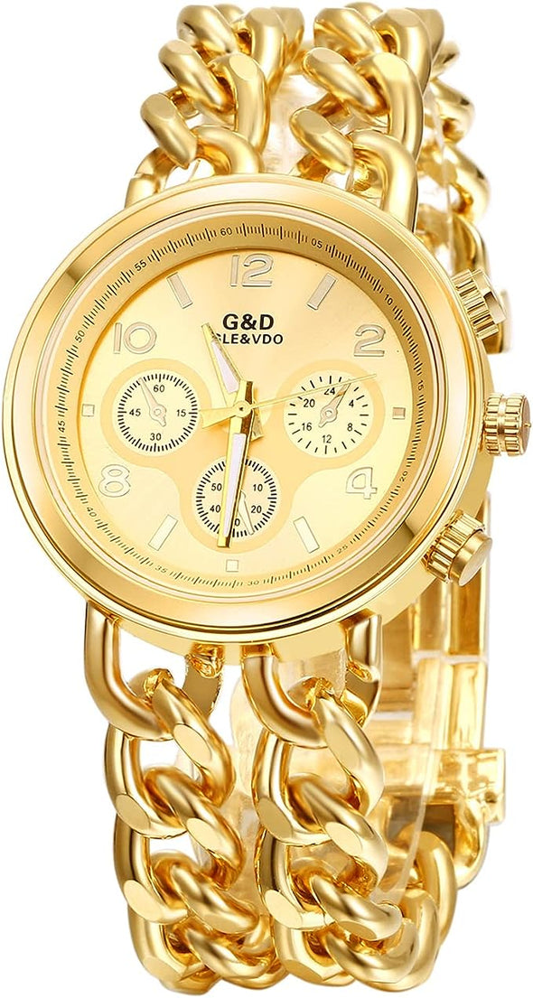 JewelryWe Luxury Mens Dress Watch, Stainless Steel Bling Rhinestones Accented Quartz Wrist Watches - Gold, for Halloween