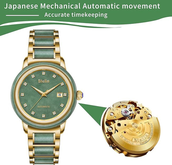 Diella Gold Men's Automatic Mechanical Watch, Luxury Retro Green Jade Wrist Watch for Men with Date Luminous, Round, Waterproof