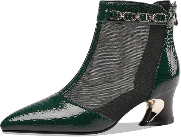 Genuine Leather and Mesh Women's Handmade Back Zip Pointed Toe Summer Ankle Boots