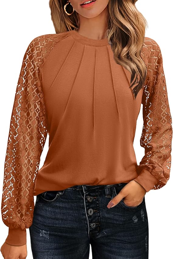 Women's Lace Long Sleeve Tops Dressy Business Casual Blouses Front Pleated Work Shirts Fall Tunics
