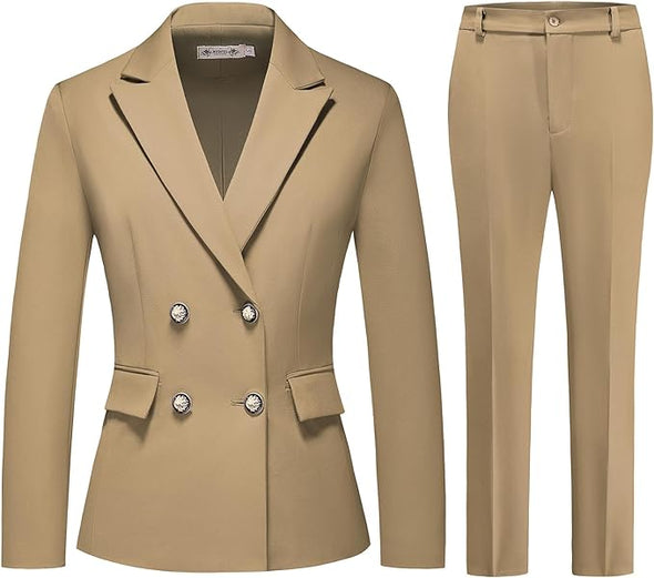 Women's 2 Piece Business Suit Double Breasted Blazer and Pants Work Suit Set