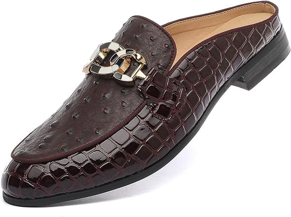 Men's Slip-on Mule Sandals Loafer with Gold Buckle,Fashion Leather Formal Wear Casual Backless Dress Slippers