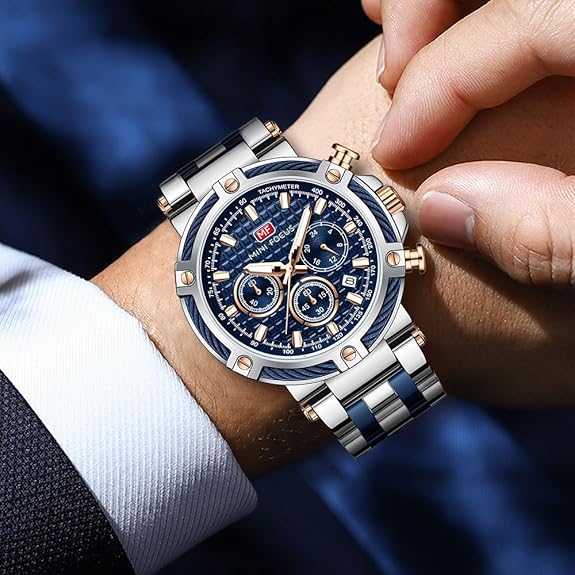 Business Men Watches (Chronograph/Waterproof/Luminous/Calendar/24 Hours) Big Face Stainless Steel Band Watches for Men