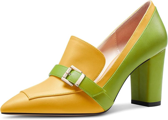 Womens Chunky Block Mid Heel Pointed Toe Pumps Slip-on Buckle Office Basic Classic Summer 3.2 Inches Shoes