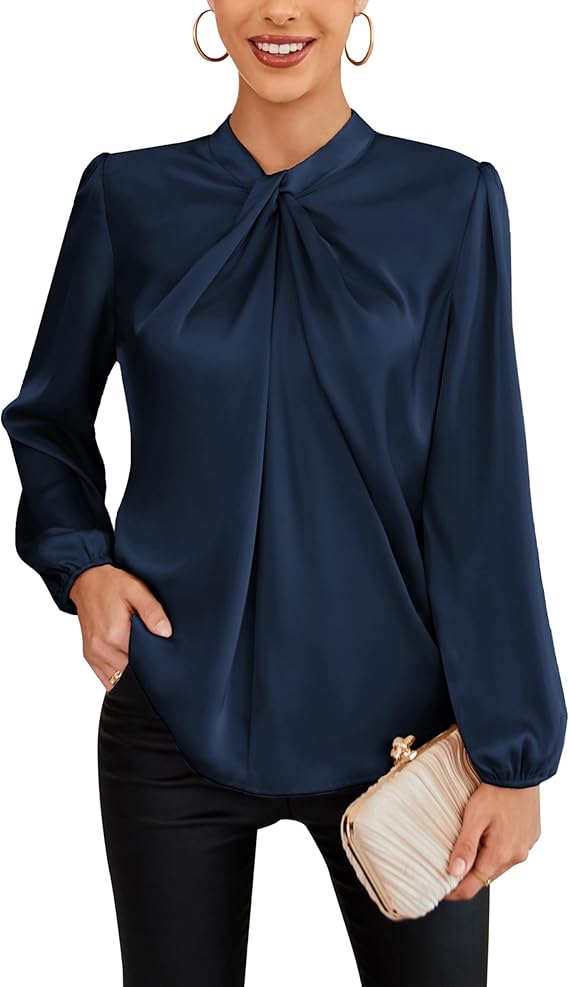 Women's Long Lantern Sleeve Shirts Mock Neck Solid Casual Blouse Tops