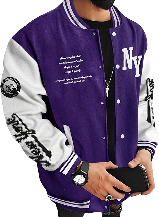 Men's Varsity Jacket Color Block Letter Graphic Long Sleeve Baseball Jacket